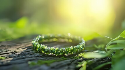 Nature's embrace green beaded bracelet on a log forest setting close-up shot tranquil atmosphere