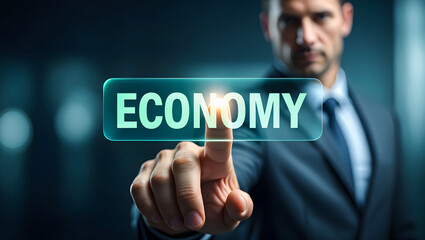 Understanding the economy businessman touching virtual screen concept
