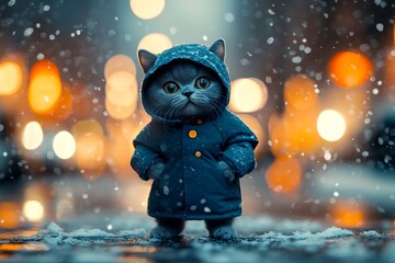 Happy cute baby cat british shorthair in winter warm clothes, fr