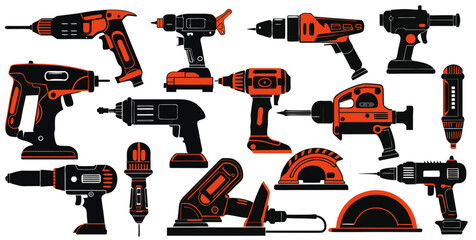  'Power Tools Vector Set – Electric Drills and Construction Tools in Bold Black and Orange Style'