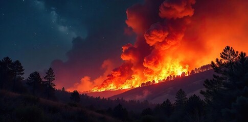 Fierce wildfire raging through a dry forest, consuming trees and underbrush, creating a massive plume of smoke The intense flames illuminate the night sky , night, wildfire prevention