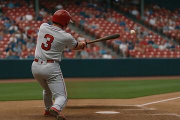 Powerful Baseball Swing Action Shot Professional Athlete Hitting Ball Stadium Background  Exciting Sports Game Moment Player Number Three Jersey Action