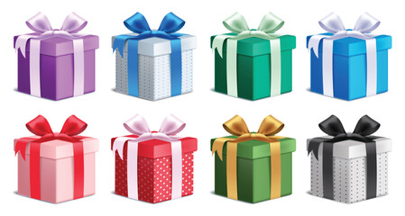 Gift box 3d colorful elements clipart set. Birthday gift boxes icon clip art with ribbon tie, dots pattern and plain collection surprise elements in white background vector illustration. 

