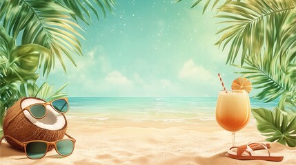 Obraz premium Tropical coconut cocktail resting on sandy beach under palm trees with ocean view