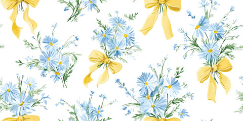 Watercolor Blue Daisies and Yellow Ribbons on white Seamless Pattern. Elegant Floral Bouquet Repeat Background for Spring Events, Textiles, and Stationery
