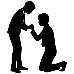 Silhouette vector of a father kneeling and tying a necktie for his young son