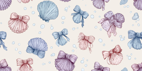Hand-Drawn Seashell and Bow Seamless Pattern. Elegant Nautical Repeat Background for Children's Decor, Fabric, and Stationery