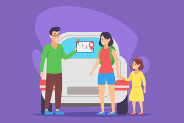 Family standing by their car, planning road trip. Smiling father holding map while mother and young girl looking on