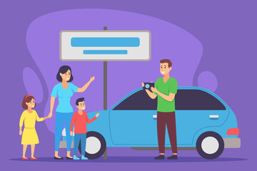 Family standing beside their blue car, with adults and children smiling. Father capturing moment while children engaged playfully at signpost nearby