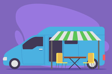 Vibrant blue food van standing next to striped canopy with two yellow chairs and wooden table, ready to serve delicious meals in lively outdoor atmosphere