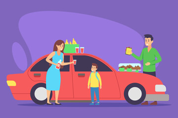 Family gathered next to red car, enjoying drinks and snacks. Mother holding beverages while father offering food to their child, smiling and ready for fun