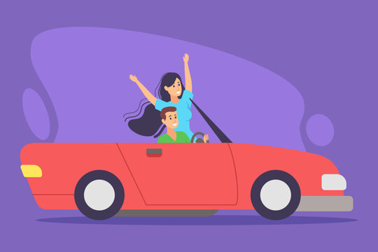 Two friends happily riding in red convertible car with their arms raised in excitement. Adventure trip concept