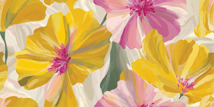 Vibrant Abstract Yellow Floral Seamless Pattern. Expressive Modern Blossom Repeat Background for Fashion, Textiles, and Artistic Design