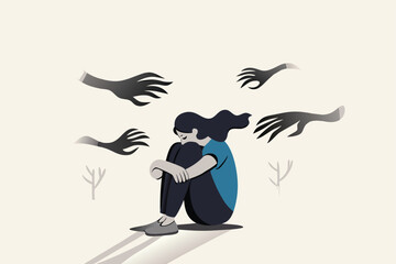 Woman abuse victim, violence or sexual harassment fear, depression or anxiety problem, social bullying or marriage suffering concept, solitude depressed woman victim sitting with abusive hands.