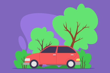 Red car parked among vibrant green trees and bushes against playful purple background