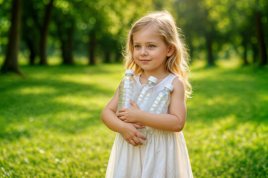 Little Girl Collecting Plastic Bottles for Environmental Awareness