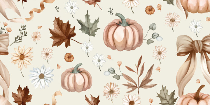 Cozy Autumn Pumpkins, Leaves, and Daisies Seamless Pattern. Watercolor Fall Harvest Repeat Background for Farmhouse Decor and Apparel