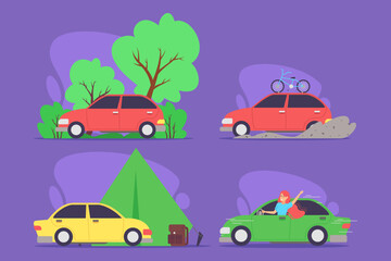 Four vibrant cars in various outdoor activities including camping, biking, and off-roading. Each car surrounded by nature. Joy of exploration and adventure concept