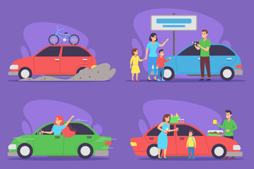 Families engaged with cars in various ways, from playful moments with children to practical activities like stopping for food. Everyday life and community interactions concept