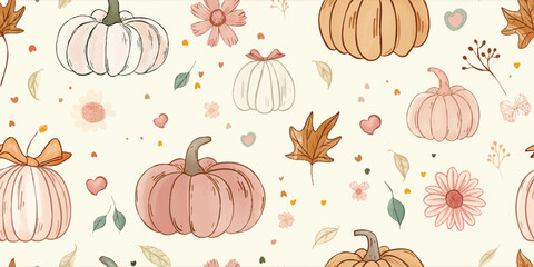 Cute Pastel Pumpkins and Autumn Botanicals Seamless Pattern. Whimsical Fall Harvest Repeat Background for Kids Decor and Apparel