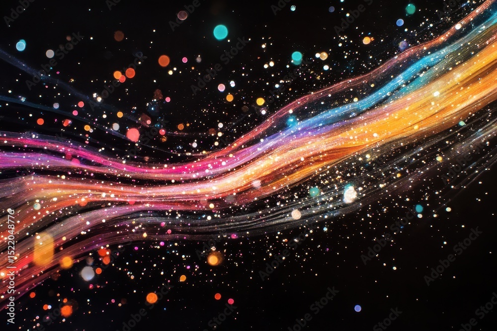 Poster vibrant neon trails weave through bright spots on a dark backdrop creating mesmerizing patterns, neo