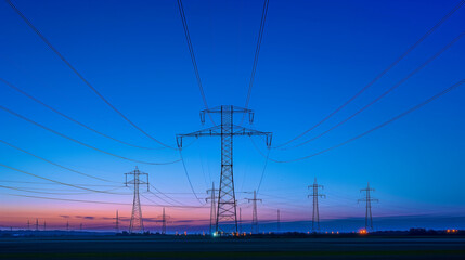 Glowing power lines against a deep blue sky, abstract energy infrastructure with dramatic contrast lighting, symbolizing modern urban vitality.
