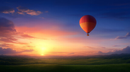 Obraz premium Picturesque scene of hot air balloon soaring above vibrant sunset landscape, evoking tranquility