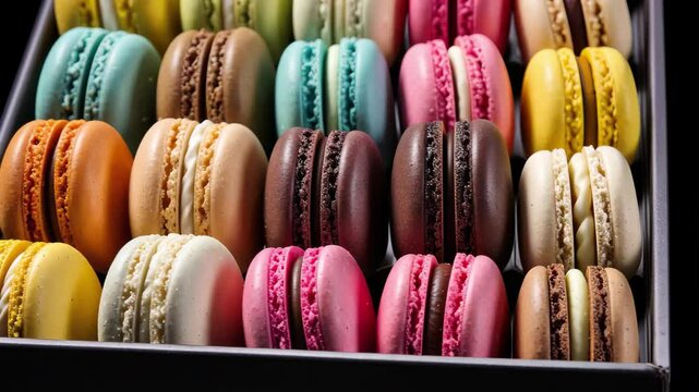 An assortment of colorful macarons arranged neatly in a gift box, perfect for celebrations anytime and anywhere, showcasing various flavors and delightful textures to enjoy