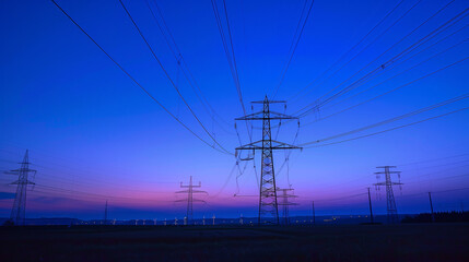 Glowing power lines against a deep blue sky, abstract energy infrastructure with dramatic contrast lighting, symbolizing modern urban vitality.
