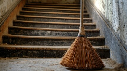 An old weathered broom resting near the steps of a staircase