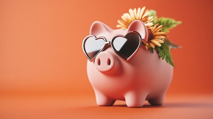 Cute piggy bank wea stylish heart-shaped sunglasses surrounded by flowers on vibrant orange background