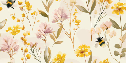 Watercolor Bumblebees and Wildflowers Seamless Pattern. Gentle Spring Garden Floral Repeat Background for Nature-Inspired Decor and Stationery
