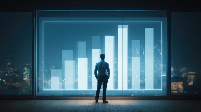 Vision of the Future: A silhouette of an investor gazes intently at a vibrant data chart, encapsulating concepts of growth, strategy, and ambition within the realm of finance.
