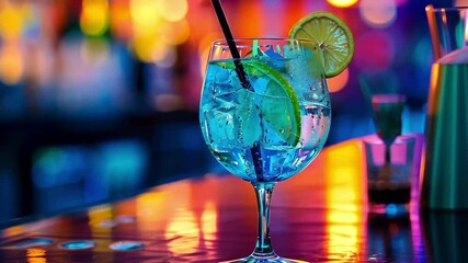 Refreshing welcome drink served in a stylish glass with ice and lemon slice at a vibrant night club during a lively evening atmosphere