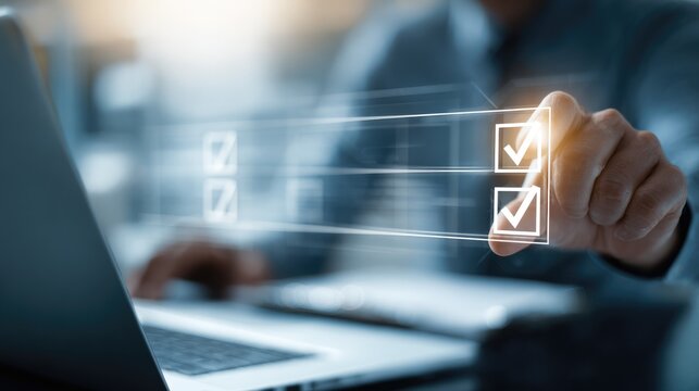 Digital Checklist: A hand interacts with a futuristic digital checklist interface, showcasing checkmarks signifying completion of tasks or goals. This image symbolizes efficiency, progress.