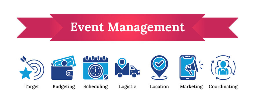 Dual Tone Fill icon set illustrating core elements of event management including planning, scheduling, logistics, budgeting, marketing, and coordination for business or promotional use