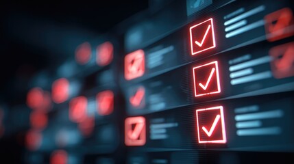 Digital Checkmarks: A close-up view of digital checkmarks illuminated on a screen, representing task completion and success. Perfect for concepts of approval and verification.