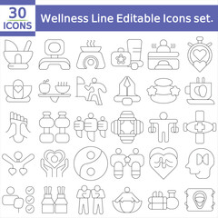  Wellness Line Editable Icons set. Contain icons related to remotely mental health related icons work life balance, selflove, meditation and more.