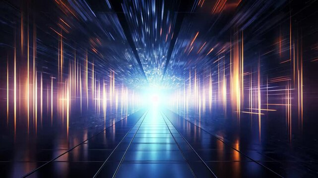 High-speed data transmission visualized in a one-point perspective, showcasing a futuristic corridor filled with vibrant light and dynamic patterns, evoking a sense of rapid movement and technology