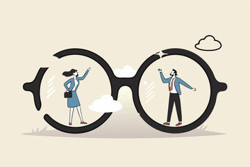 Gender bias, sexism inequality in workplace and social, prejudice, stereotyping, or discrimination against women concept, eyeglasses with clear vision on businessman and unclear blurry vision on woman