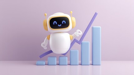 AI bot displaying upward trending blue graph on clean pastel purple wall