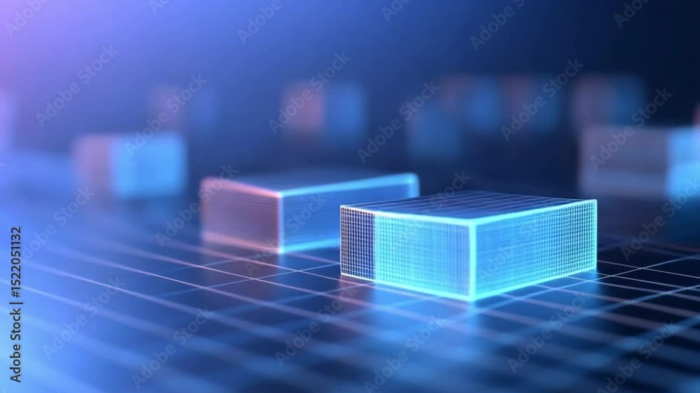Leinwandbilder Cybernetic Cubes: Futuristic representation of digital constructs, with glowing edges and intricate details, resting on a textured surface with a mesmerizing depth of field.