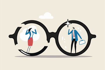 Gender bias, sexism inequality in workplace and social, prejudice, stereotyping, or discrimination against women concept, eyeglasses with clear vision on businessman and unclear blurry vision on woman