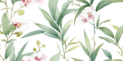 Elegant White Orchid and Bamboo Seamless Pattern on white. Serene Botanical Repeat Background with Green Leaves for Zen Decor and Textiles