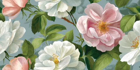 Elegant Vintage Roses Floral Seamless Pattern. Soft Pink and Lavender Botanical Repeat Background for Romantic Decor and Textiles