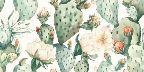 Elegant Watercolor Cactus Flowers Seamless Pattern. Soft Desert Bloom Repeat Background with Prickly Pear for Botanical Decor and Textiles