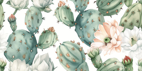 Elegant Watercolor Prickly Pear Cactus Seamless Pattern. Soft Desert Bloom Repeat Background with Clean Botanical Flowers for Decor and Textiles