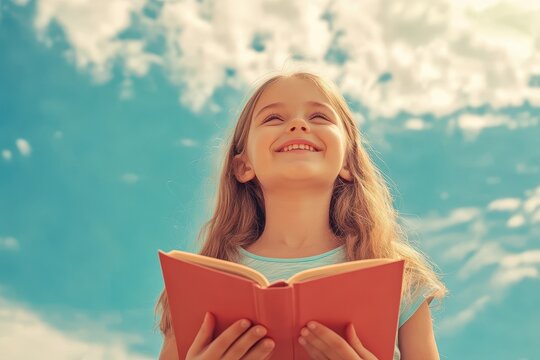 Young girl smiles while joyfully reading a book under a bright sky filled with fluffy clouds, Smiling young girl reading a book against the sky