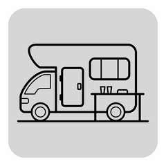 Simple line drawing of food truck parked in urban environment. Truck with service window, door, and table with items
