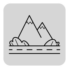 Minimalistic line icon of two mountains with sharp peaks and foliage in foreground, emphasizing beauty of natural landscapes. Outdoor adventures concept